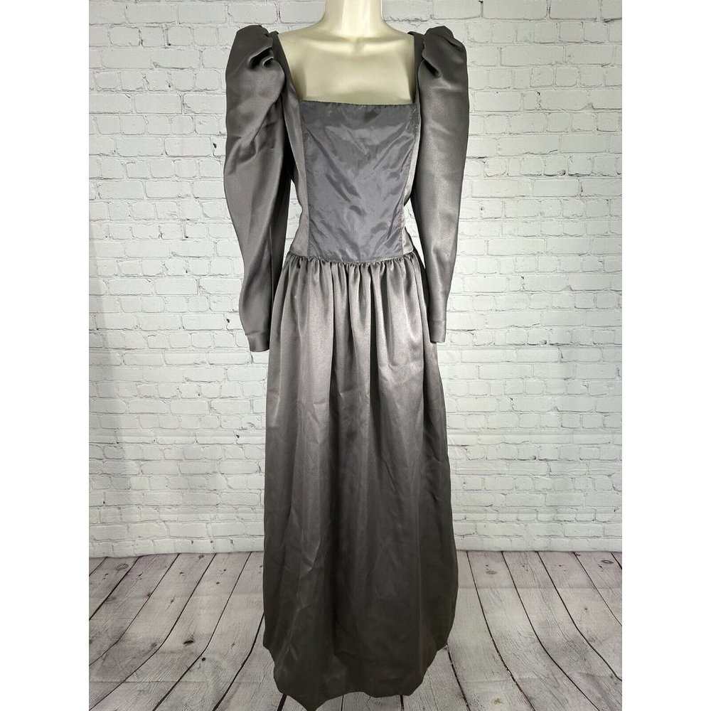 VTG 1970’s Victor Costa Gray Poof Sleeve Square Neck A Line Pleated Ball Gown 12